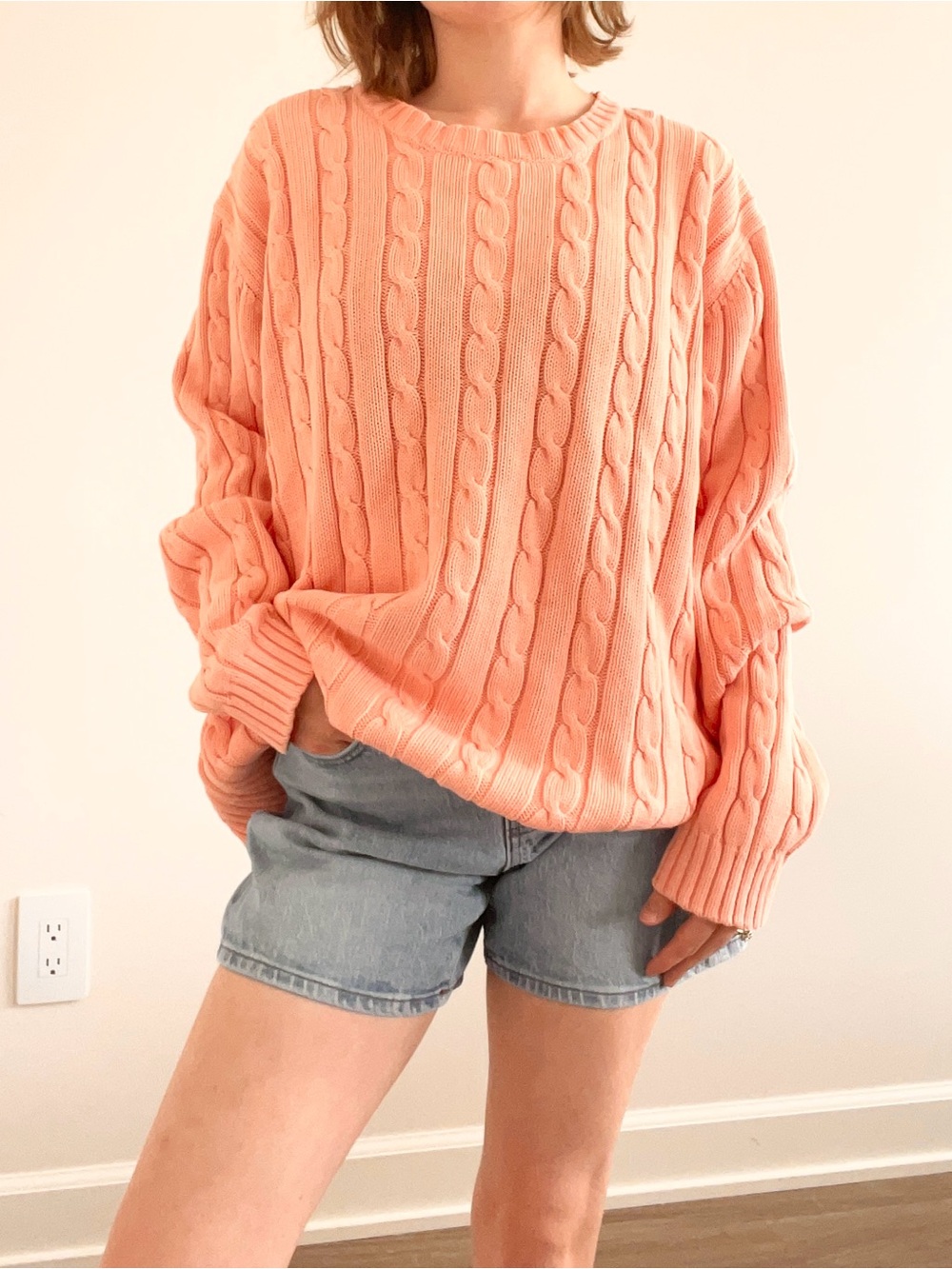Vintage Cabin Creek Coral Cotton Cable Knit Crewneck Sweater